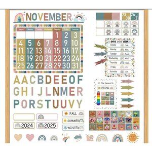 126 Pcs Boho Rainbow Calendar Bulletin Board Set with Seasons Festival Weather a